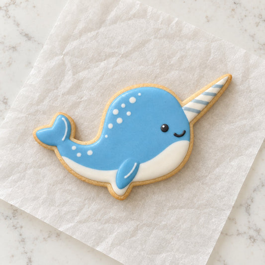 Narwhal Outline Cookie Cutter (decorated cookie mockup)
