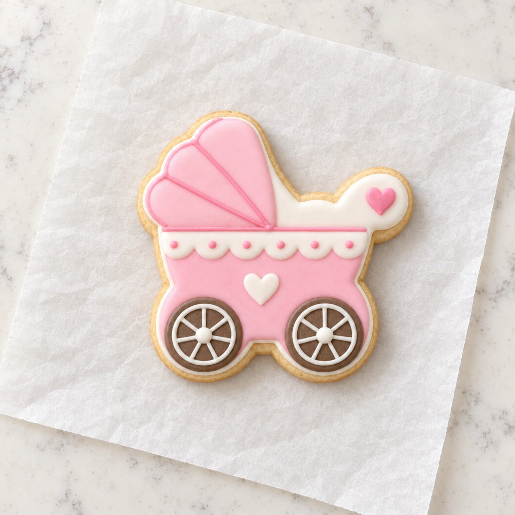 New Arrival Baby Carriage Cookie Cutter (decorated cookie mockup)