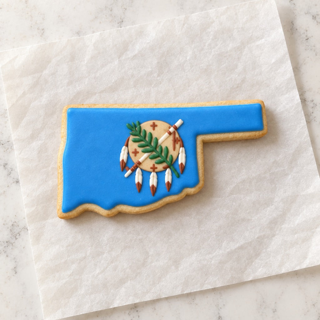 Oklahoma State Cookie Cutter (decorated cookie mockup)