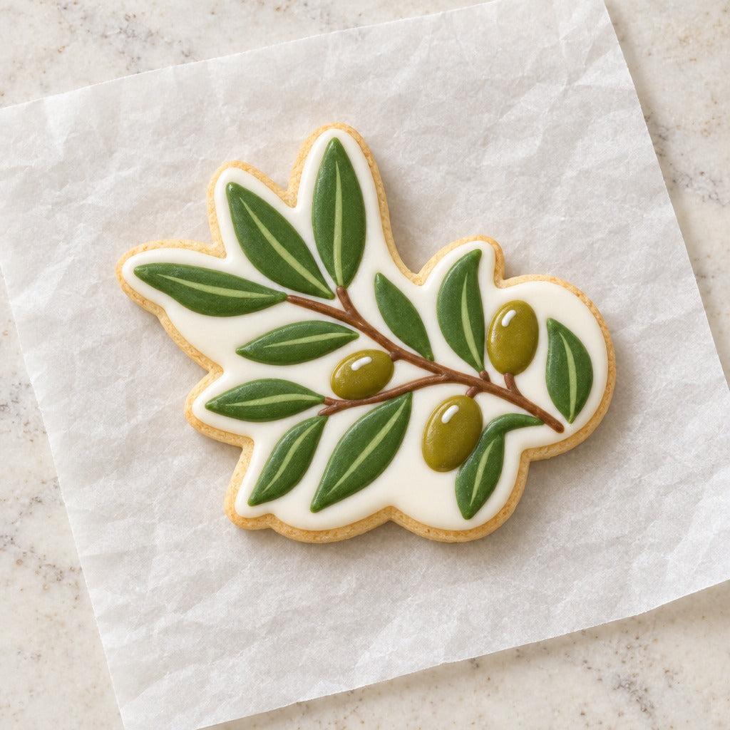 Olive Branch Cookie Cutter (decorated cookie mockup)
