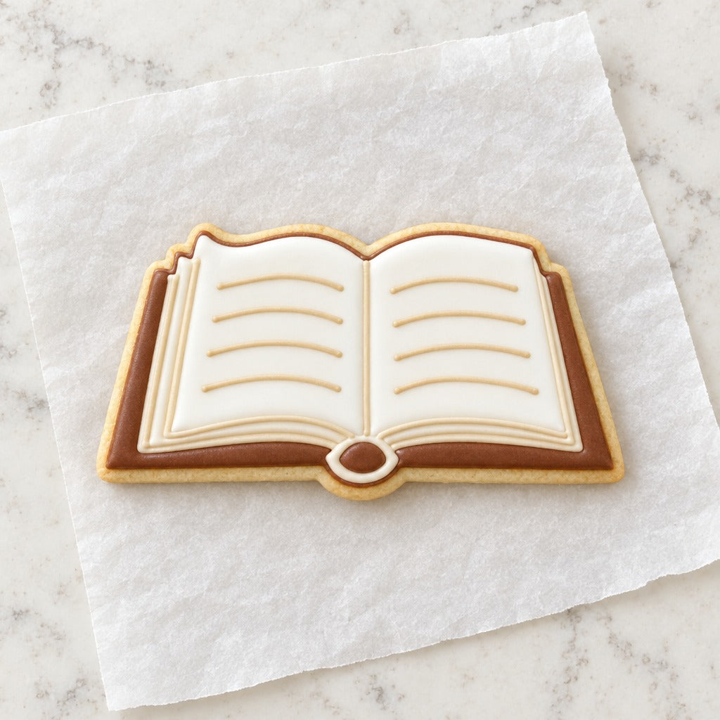Open Book Outline Cookie Cutter (decorated cookie mockup)