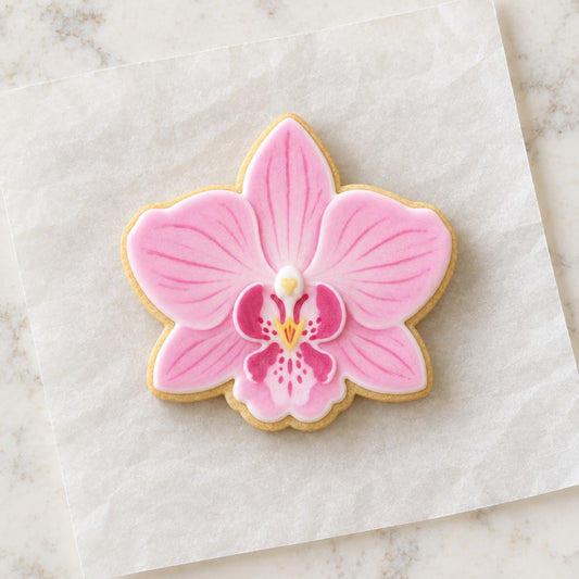 Orchid Outline Cookie Cutter (decorated cookie mockup)