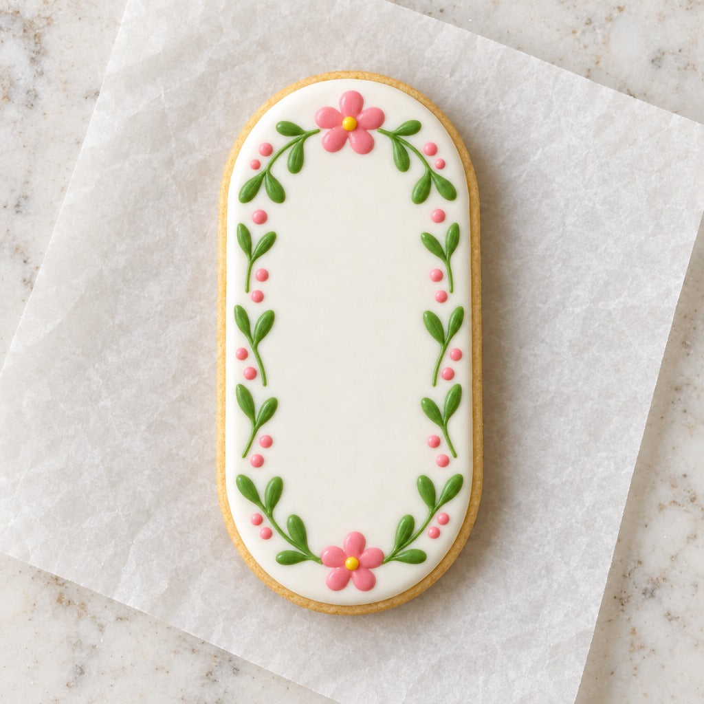 Oval with Straight Edges Cookie Cutter (decorated cookie mockup)