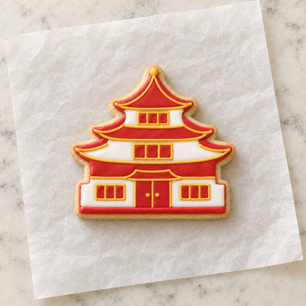 Pagoda Outline Cookie Cutter (decorated cookie mockup)