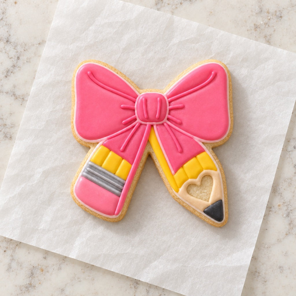Pencil Bow Cookie Cutter (decorated cookie mockup)