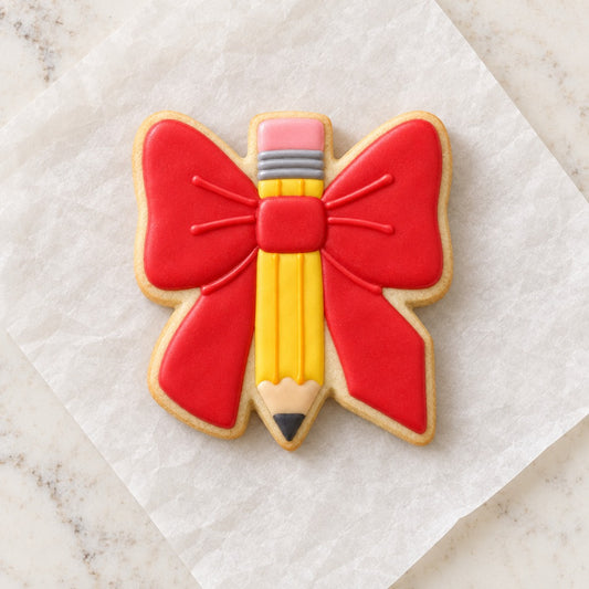 Pencil Bow Outline Cookie Cutter (decorated cookie mockup)
