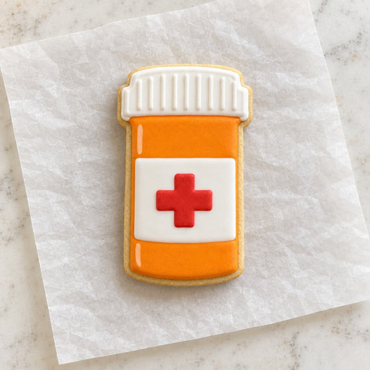 Pill Bottle Cookie Cutter (decorated cookie mockup)