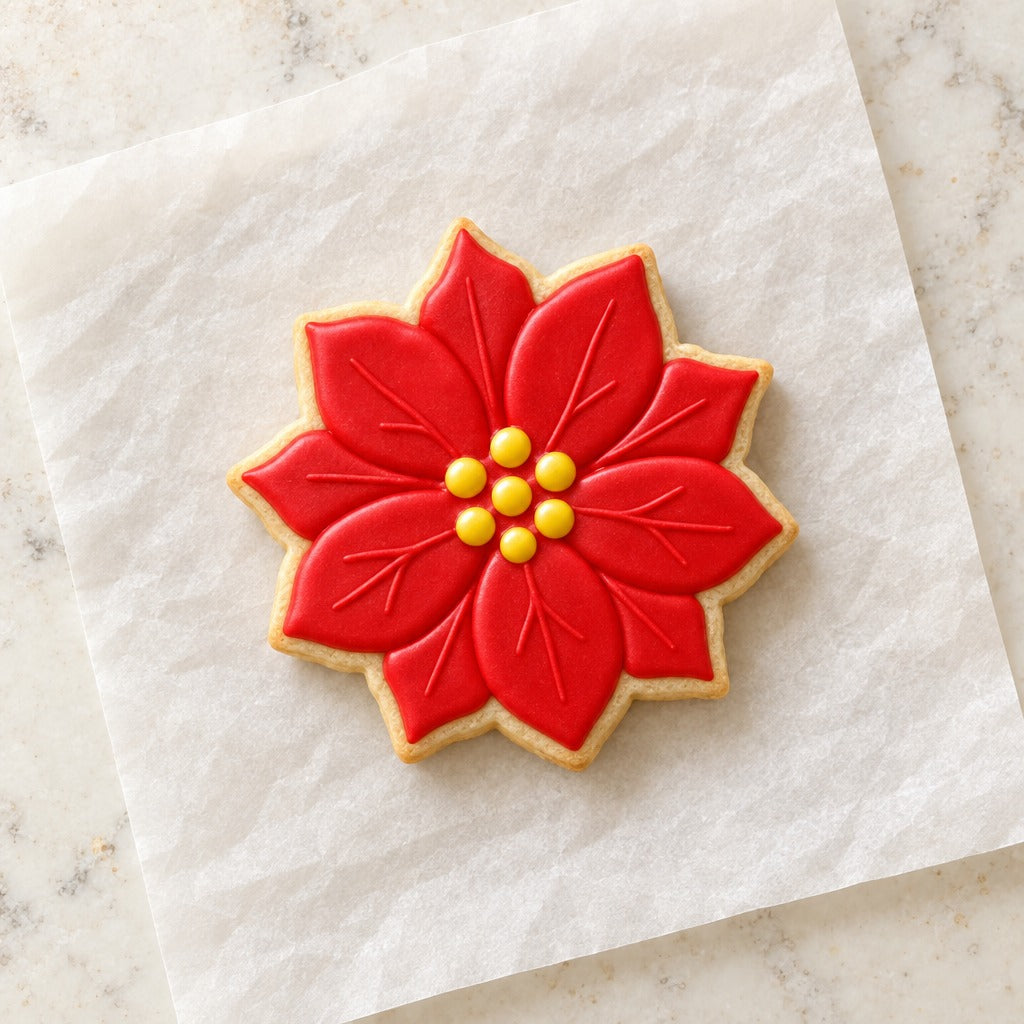 Poinsettia Flower Cookie Cutter (decorated cookie mockup)