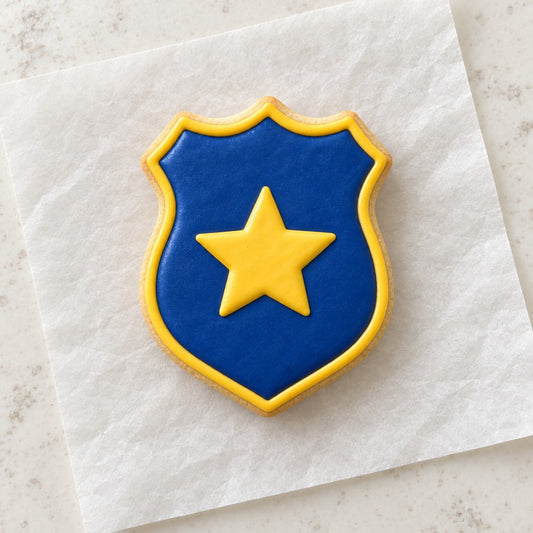 Police Badge Shield Outline Cookie Cutter (decorated cookie mockup)