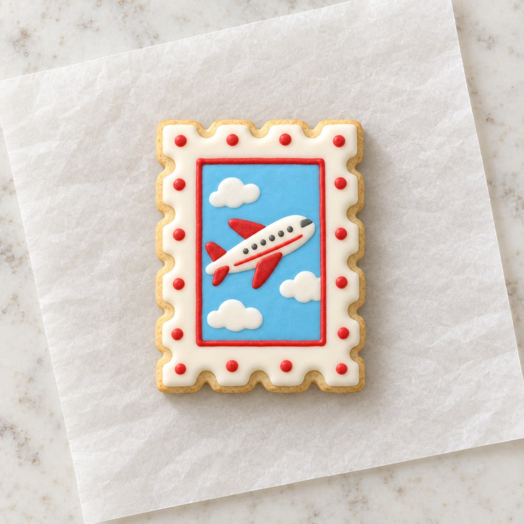 Postage Stamp Cookie Cutter (decorated cookie mockup)