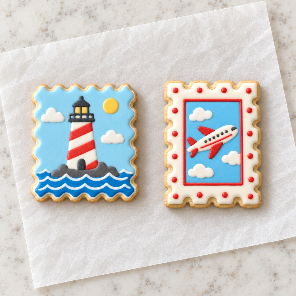 Postage Stamp Cookie Cutter Set (decorated cookie mockup)