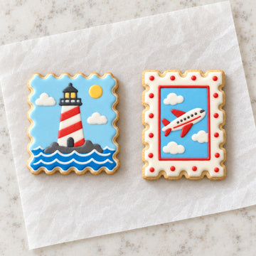 Postage Stamp Cookie Cutter Set (decorated cookie mockup)