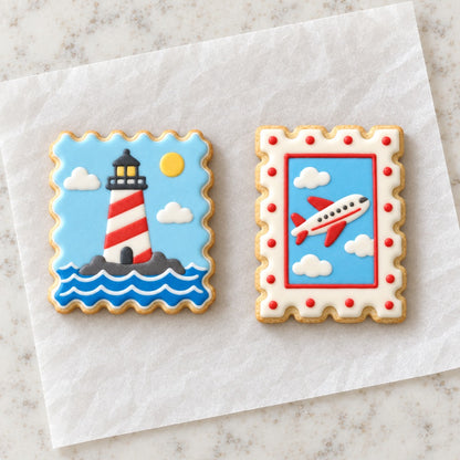 Postage Stamp Cookie Cutter Set (decorated cookie mockup)