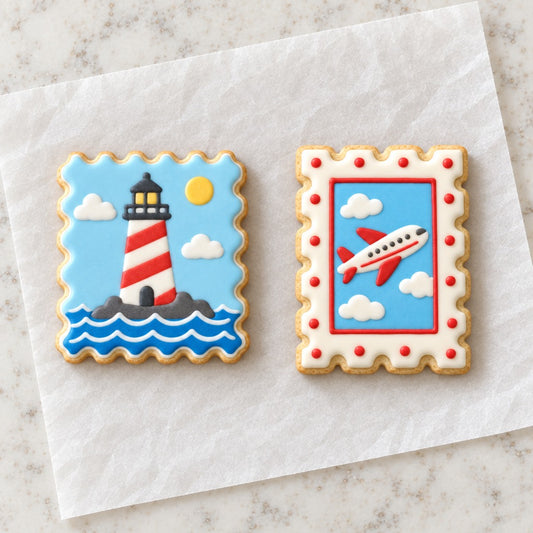 Postage Stamp Cookie Cutter Set (decorated cookie mockup)
