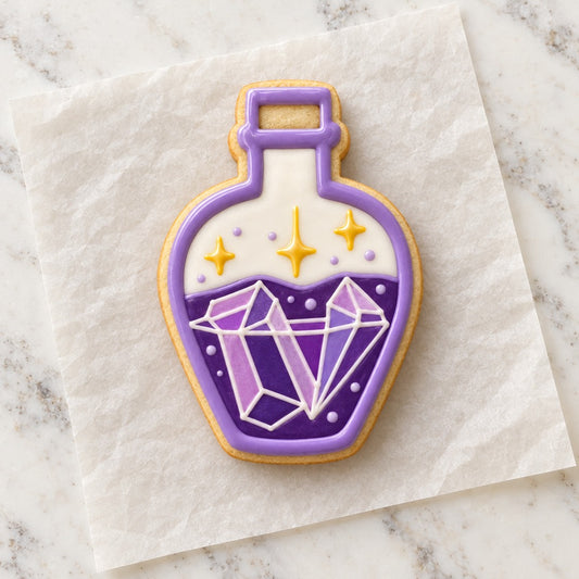 Potion Bottle with Crystals Cookie Cutter (decorated cookie mockup)