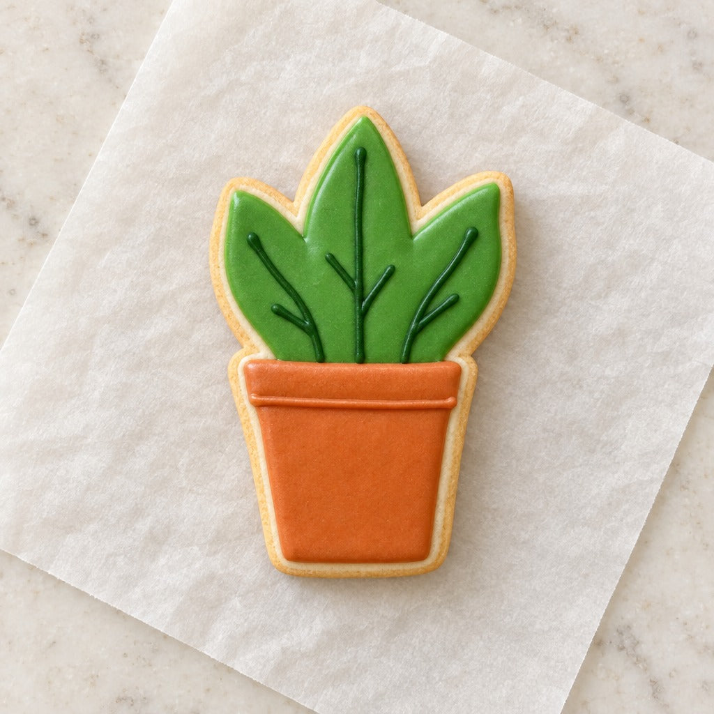 Potted Plant Outline Cookie Cutter (decorated cookie mockup)