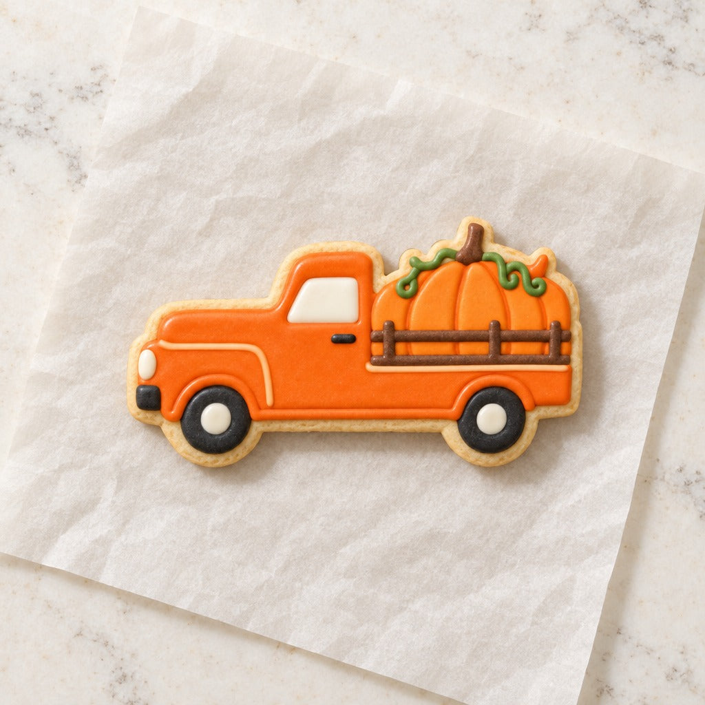 Pumpkin Truck Cookie Cutter (decorated cookie mockup)