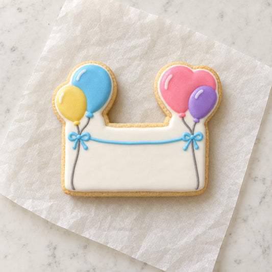Rectangle Balloon Sign Cookie Cutter (decorated cookie mockup)