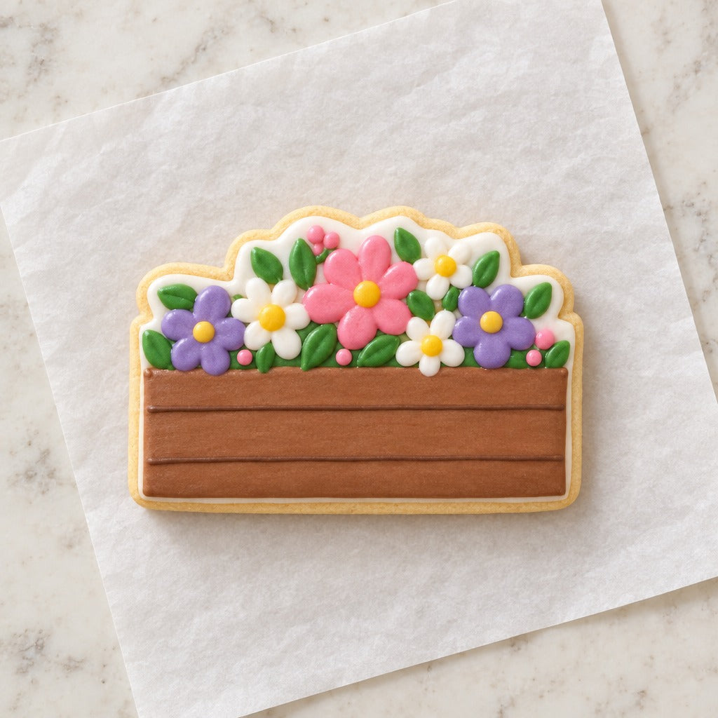 Rectangle Flower Box Cookie Cutter (decorated cookie mockup)