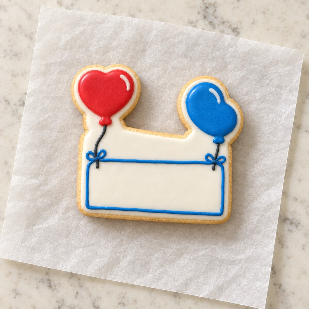 Rectangular Balloon Sign Cookie Cutter (decorated cookie mockup)