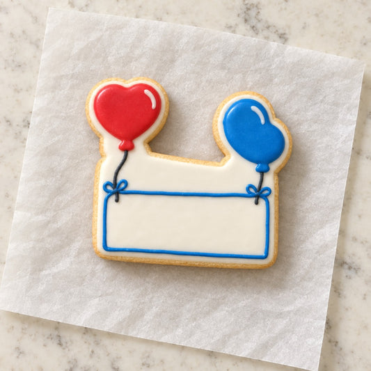 Rectangular Balloon Sign Cookie Cutter (decorated cookie mockup)