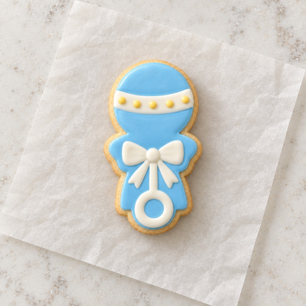 Round Rattle Cookie Cutter (decorated cookie mockup)