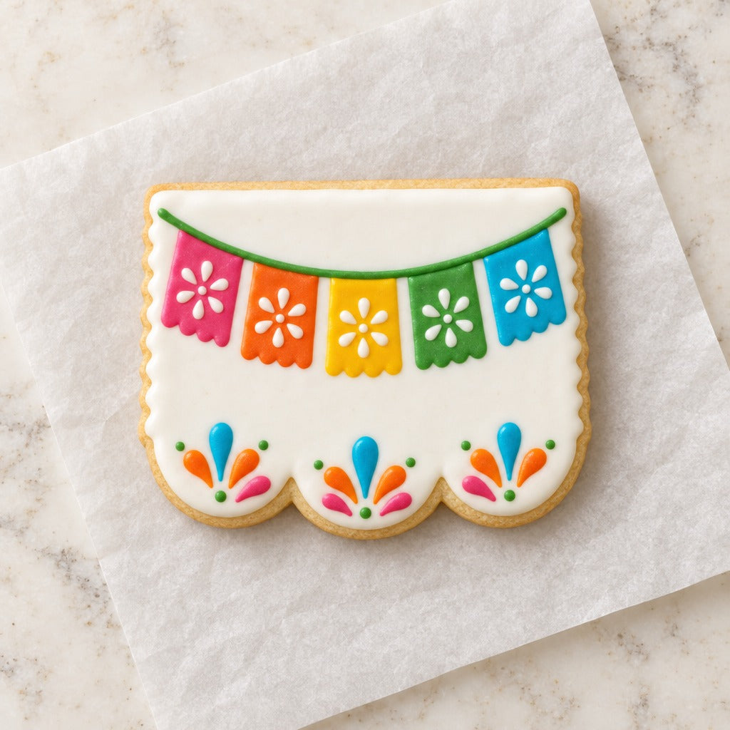 Scalloped Fiesta Banner Cookie Cutter (decorated cookie mockup)