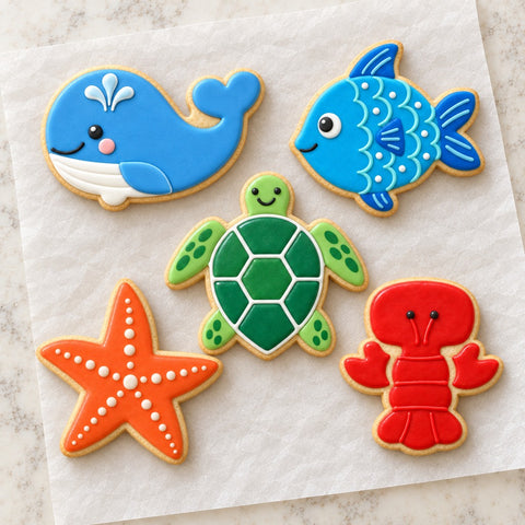 Sea Creatures Cookie Cutter Set (decorated cookie mockup)