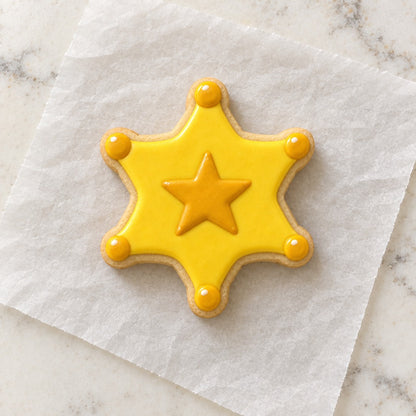 Sheriff Badge Cookie Cutter (decorated cookie mockup)