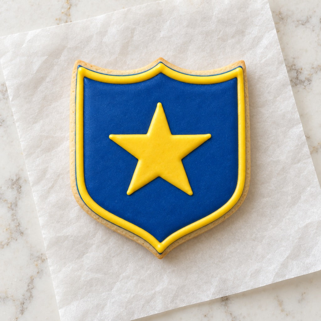 Shield Cookie Cutter (decorated cookie mockup)
