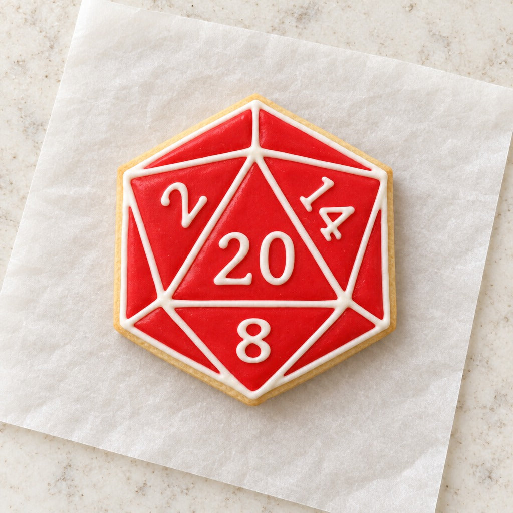 Simple D20 Dice Cookie Cutter (decorated cookie mockup)