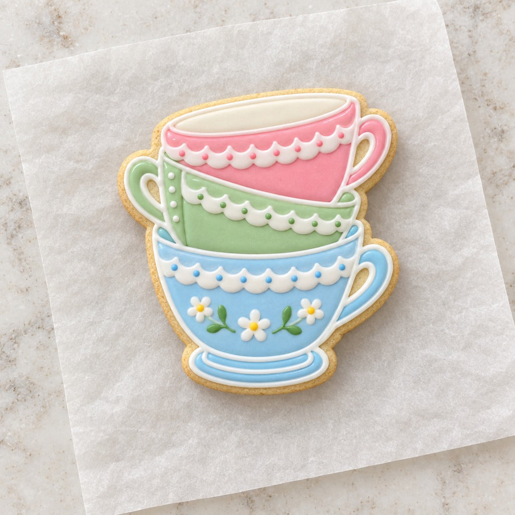 Stacked Teacup Detailed Cookie Cutter (decorated cookie mockup)
