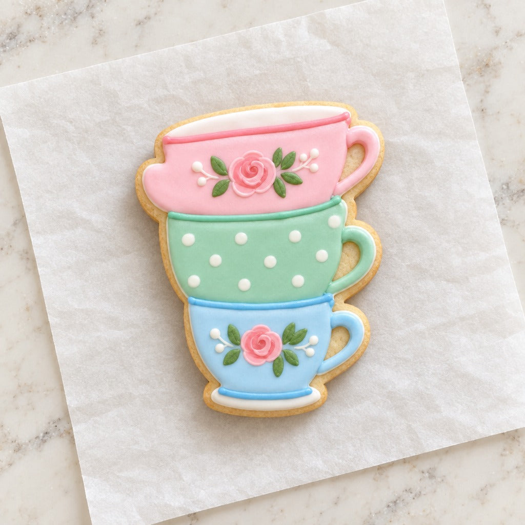 Stacked Teacup Outline Cookie Cutter (decorated cookie mockup)