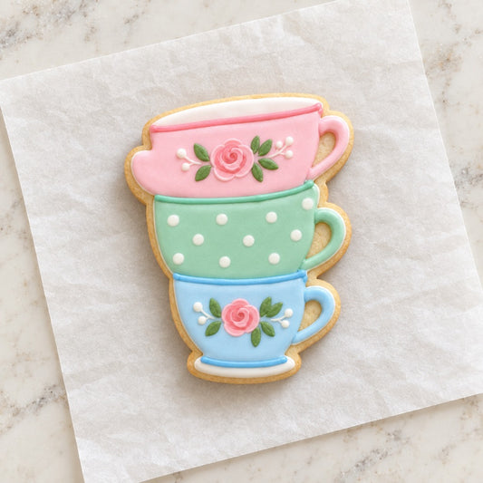 Stacked Teacup Outline Cookie Cutter (decorated cookie mockup)