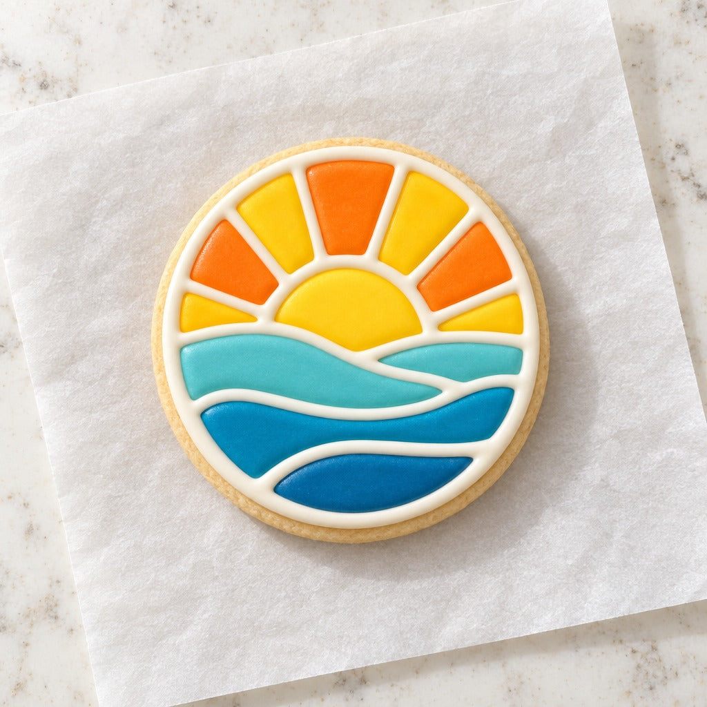 Sunrise Waves Round Cookie Cutter (decorated cookie mockup)