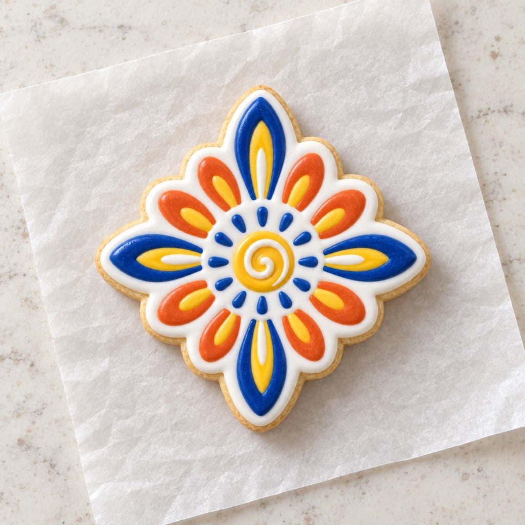 Talavera Flower Cookie Cutter (decorated cookie mockup)