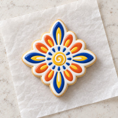 Talavera Flower Cookie Cutter (decorated cookie mockup)