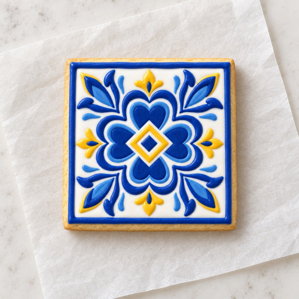 Talavera Square Cookie Cutter (decorated cookie mockup)