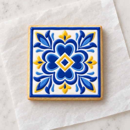 Talavera Square Cookie Cutter (decorated cookie mockup)