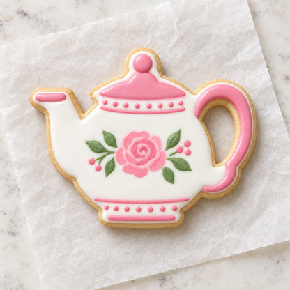 Round Teapot Cookie Cutter (decorated cookie mockup)