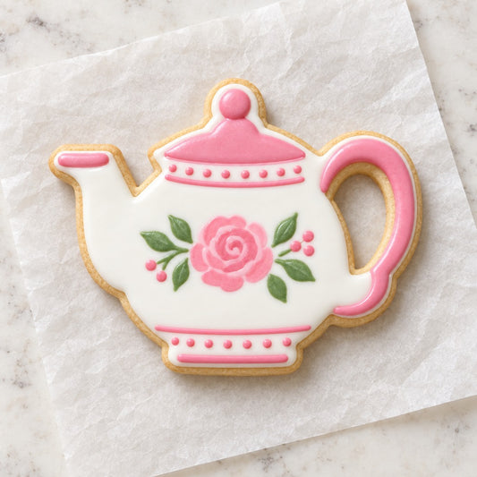 Round Teapot Cookie Cutter (decorated cookie mockup)