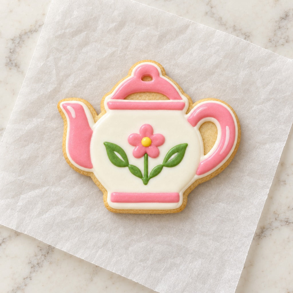 Tea Party Teapot Cookie Cutter (decorated cookie mockup)