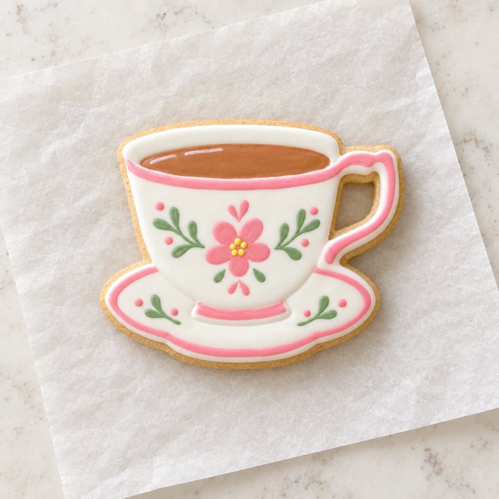 Teacup Outline Cookie Cutter (decorated cookie mockup)