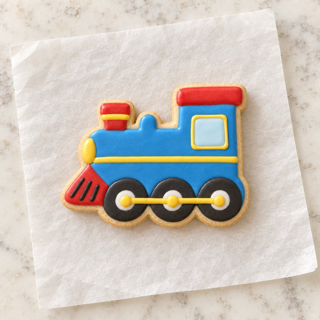 Train Outline Cookie Cutter (decorated cookie mockup)
