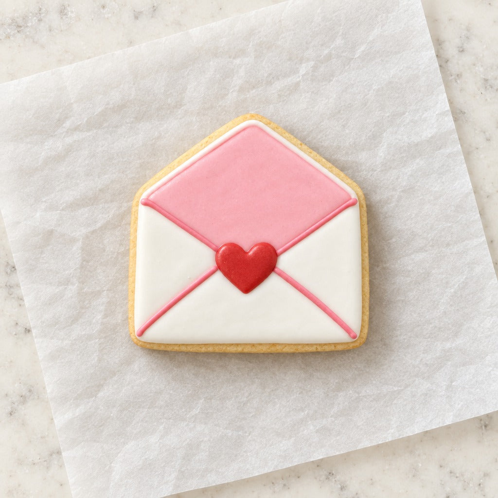 Valentine Open Envelope Cookie Cutter (decorated cookie mockup)
