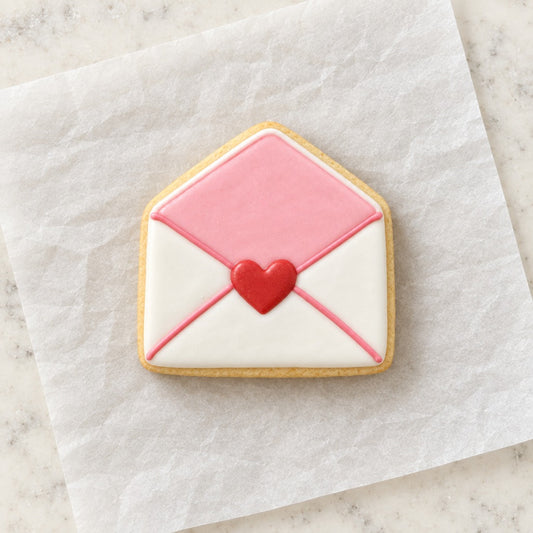 Valentine Open Envelope Cookie Cutter (decorated cookie mockup)