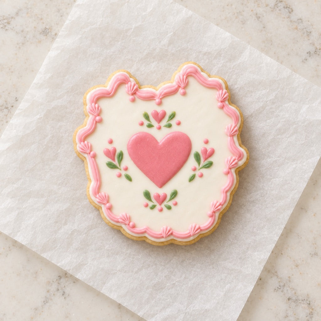 Vintage Heart Cake Outline Cookie Cutter (decorated cookie mockup)