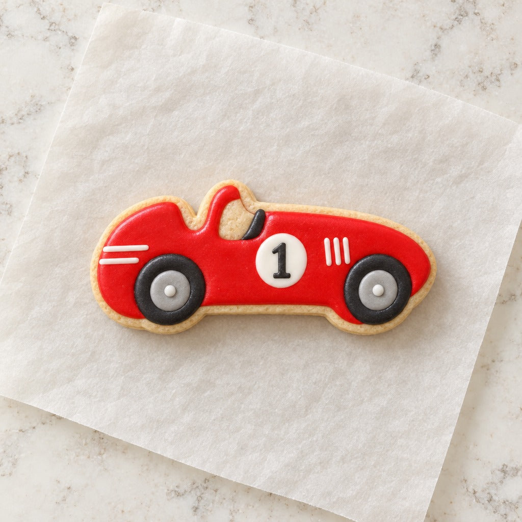 Vintage Racecar Cookie Cutter (decorated cookie mockup)