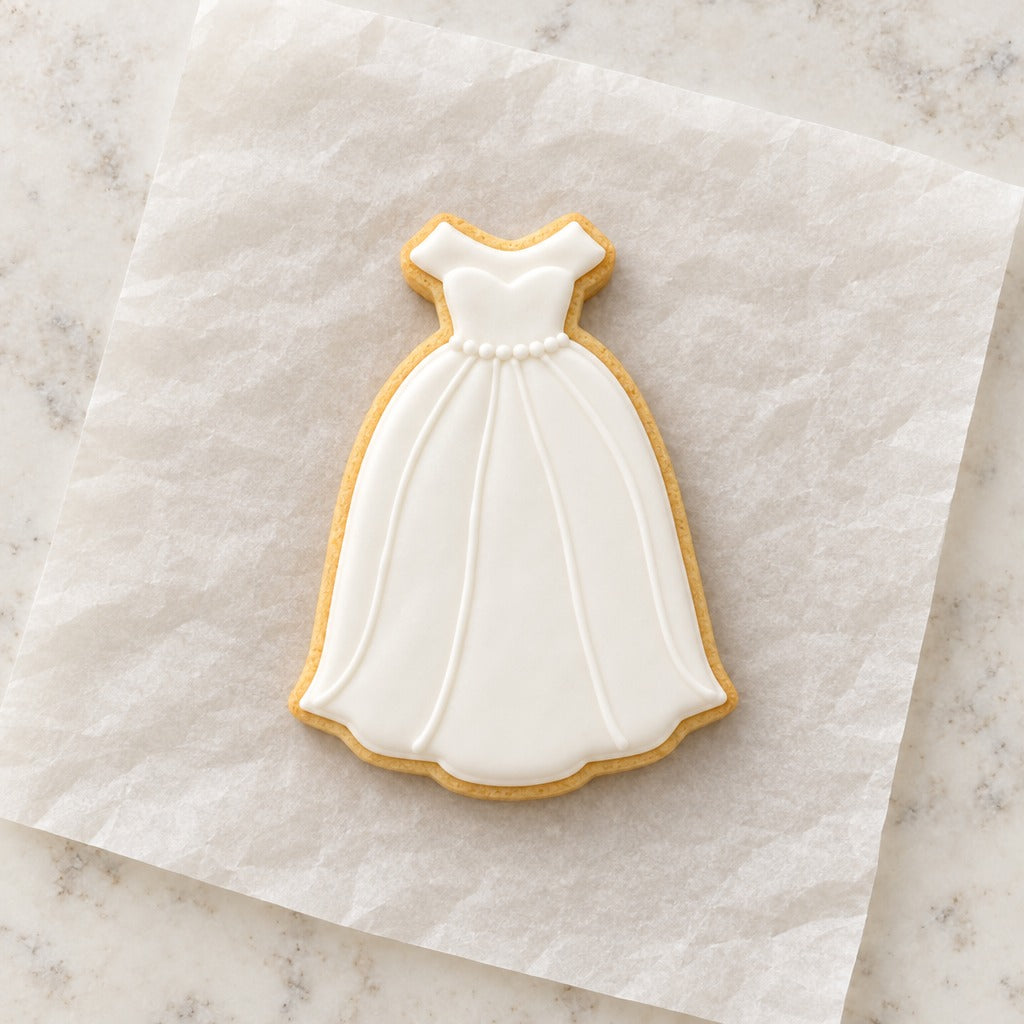 Wedding Dress Ballgown Cookie Cutter (decorated cookie mockup)