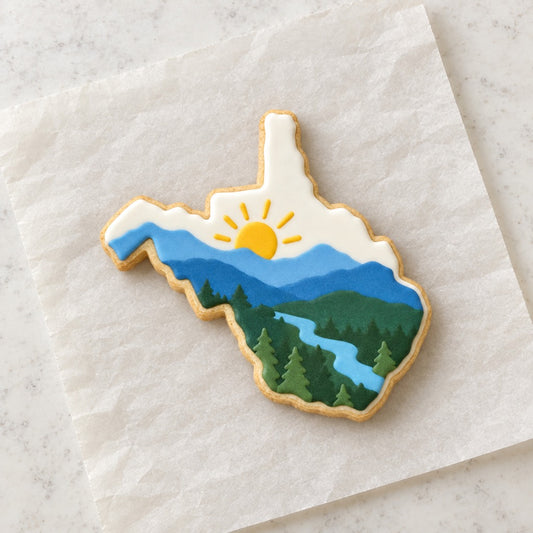 West Virginia Outline Cookie Cutter (decorated cookie mockup)